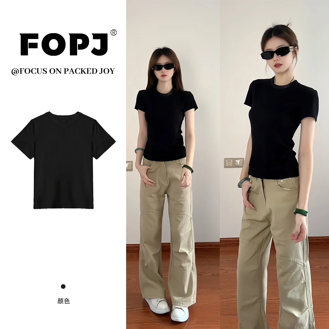 FOPJ韩版正肩短袖t恤女春夏季休闲百搭纯色修身显瘦简约上衣【618】