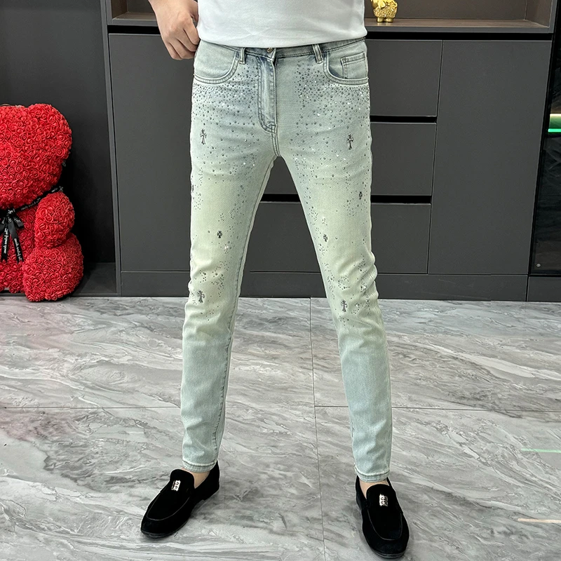 烫钻满天星牛仔裤男秋季新款时尚修身小脚裤欧洲站潮流休闲裤男款