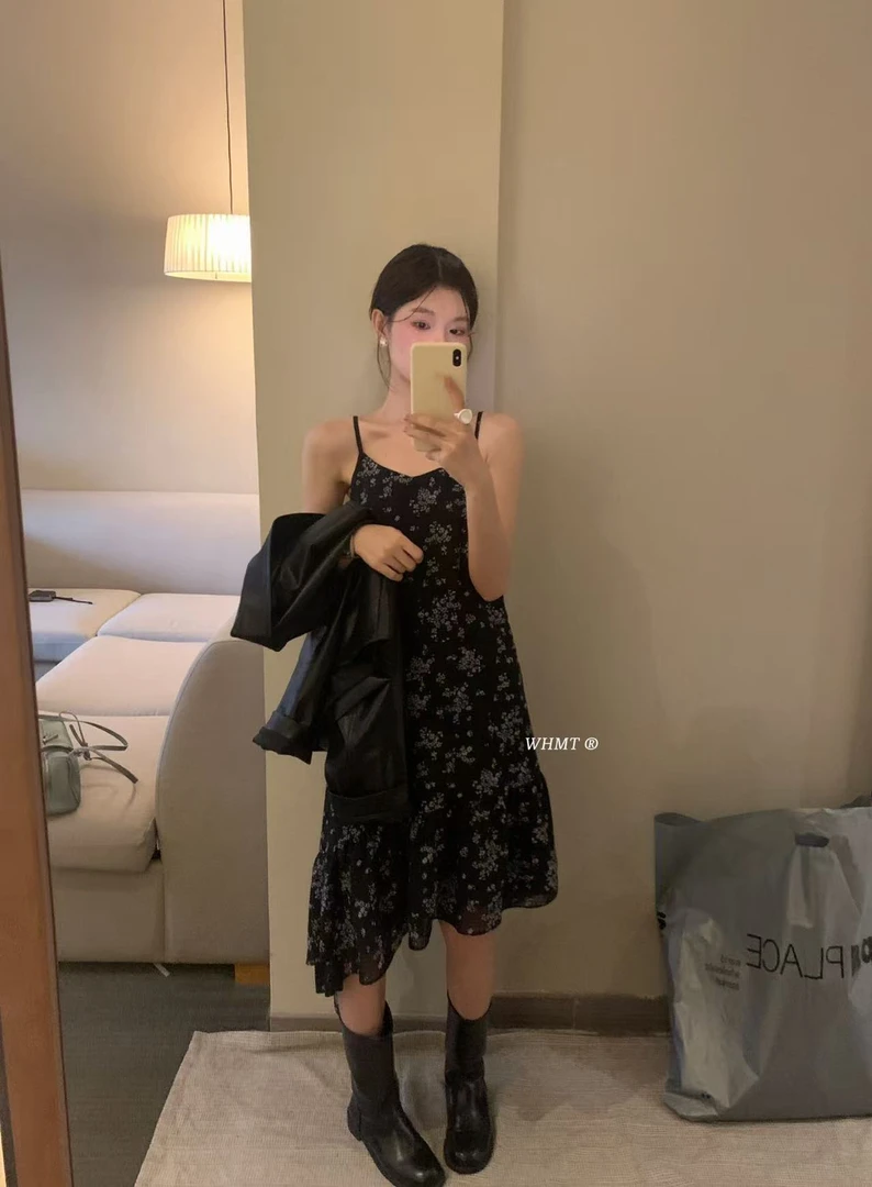 米古古WHMT# 1291#库 韩系不规则斜边裙摆碎花吊带连衣裙（裙长82）