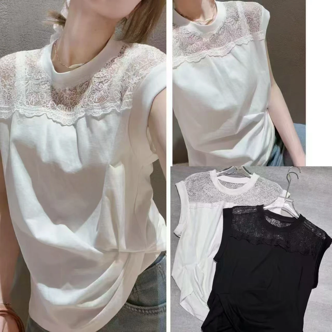 【锦衣服饰】WZ 7762韩系网纱拼接圆领褶皱短袖衫