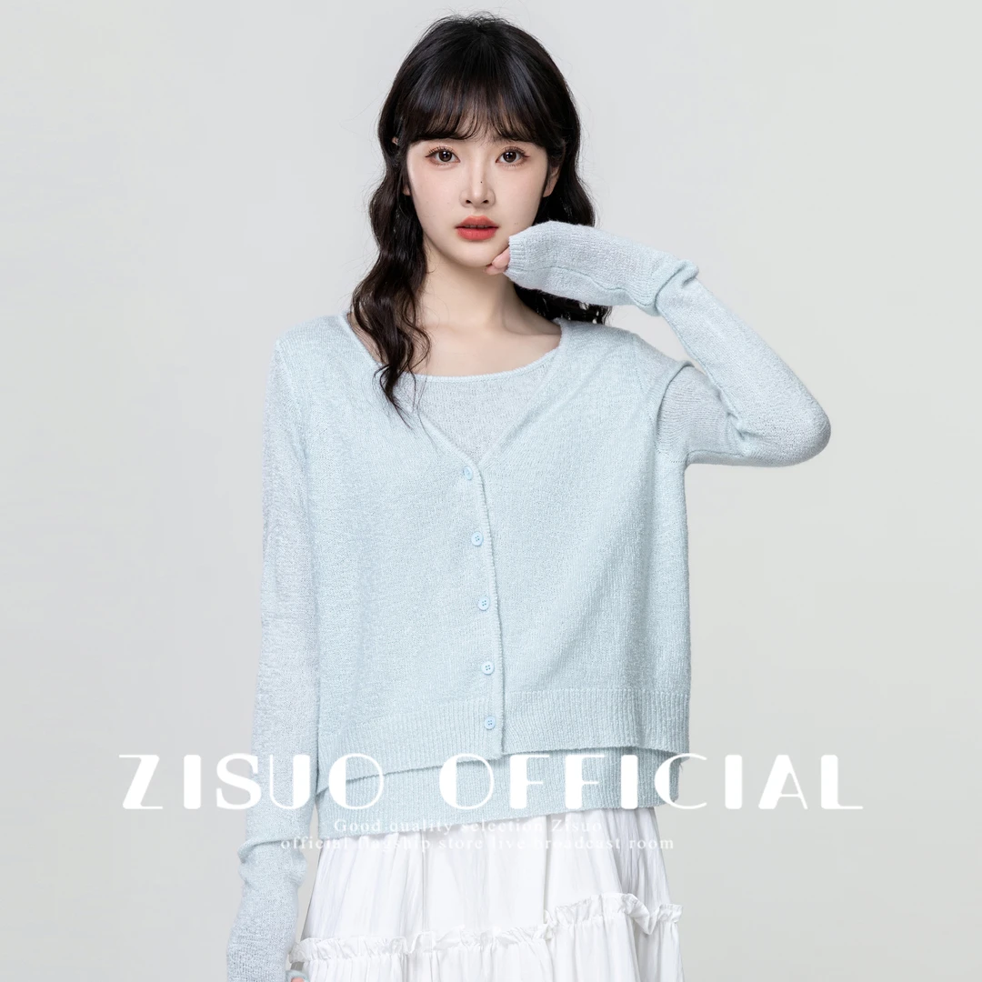 蓝色圆领长袖针织衫女2025春季新款宽松软糯毛衣假两件套头上衣