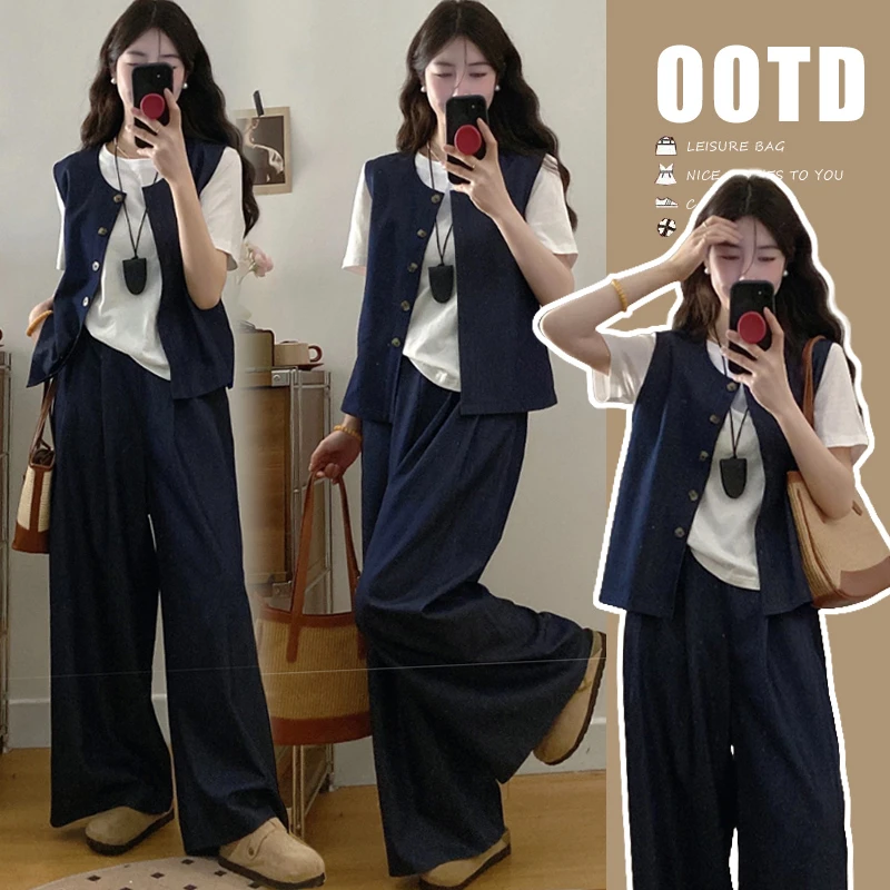 孕妇装夏装短袖上衣马甲显瘦开衫阔腿裤夏季2025新款网红老钱风