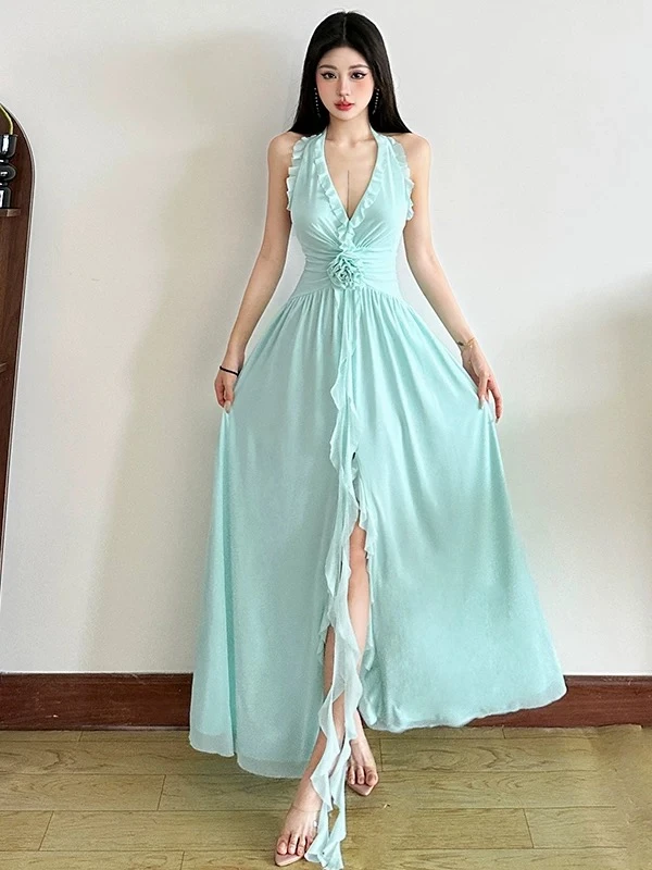 无袖夏季海边仙女雪纺长裙吊带裙连衣裙性感长裙法式