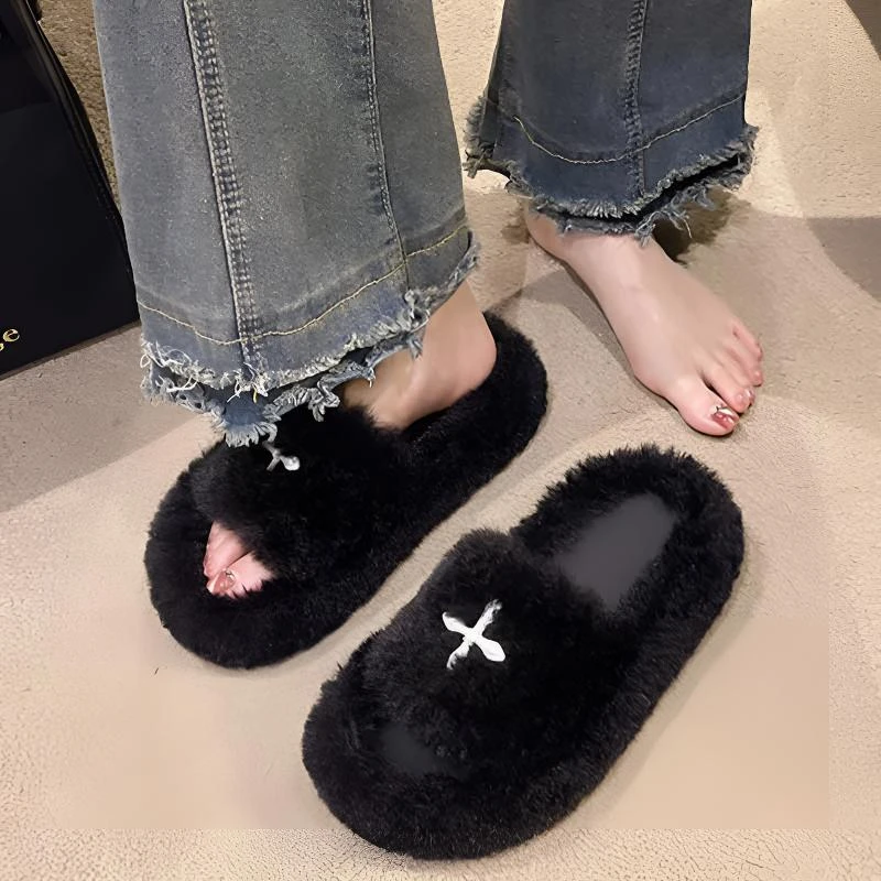 厚底毛毛拖鞋女外穿2025秋冬新款软底舒适一字拖毛茸茸居家棉拖女