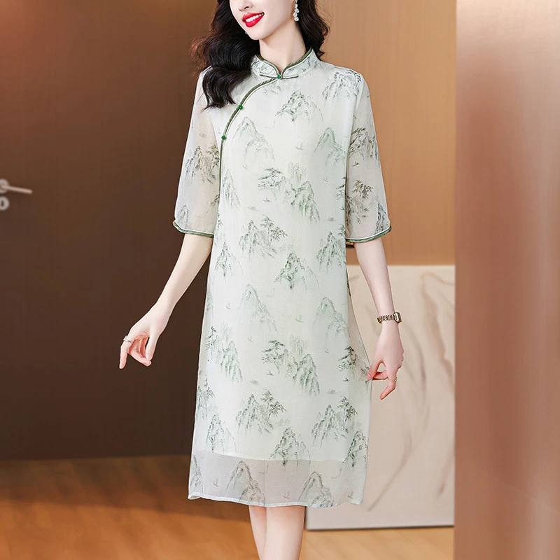 qwfs7533新中式斜襟盘扣印花连衣裙2025夏季新款改良减龄旗袍裙子