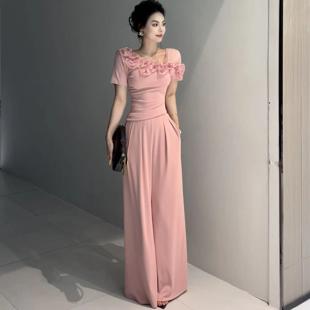 套装上衣显瘦阔腿裤气质时尚夏季短袖小众高腰休闲性感复古