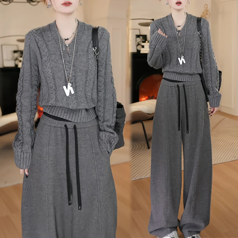 简约韩式百搭上衣阔脚裤套装女2025秋冬季新款通勤慵懒时尚两件套