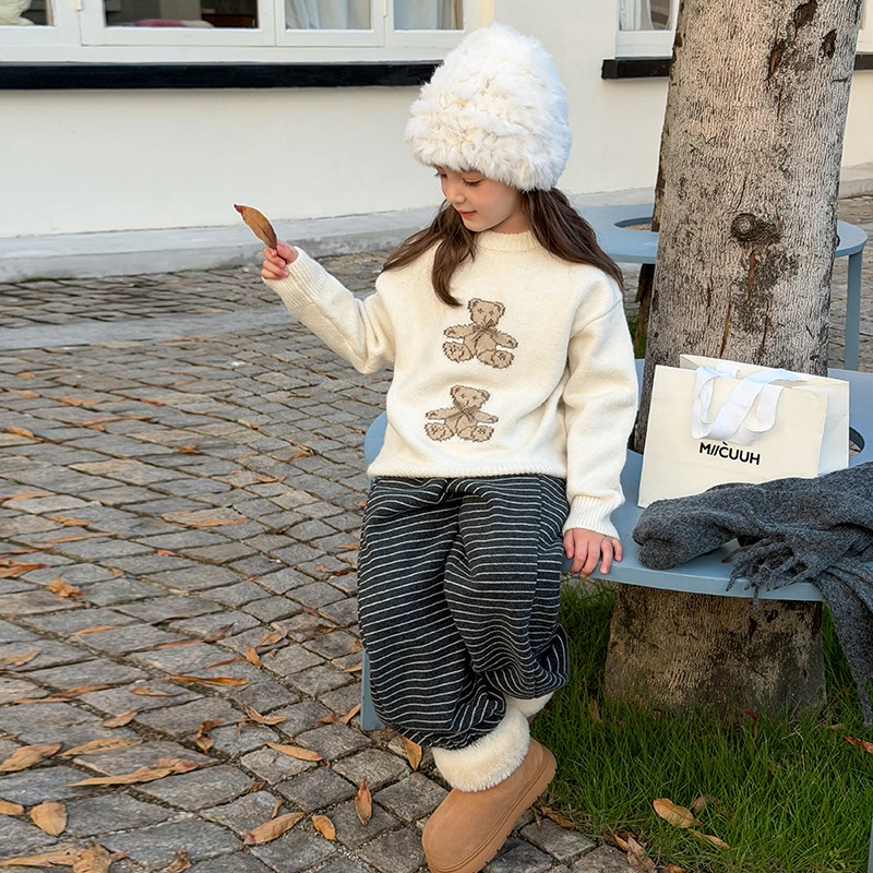 【含6%羊毛】【巨厚】儿童加厚可爱针织上衣立体蝴蝶结小熊毛衣25H173