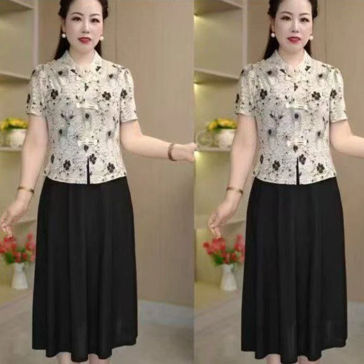 妈妈装夏季七分碎花连衣裙中老年女装时尚减龄立领气质过膝中长裙