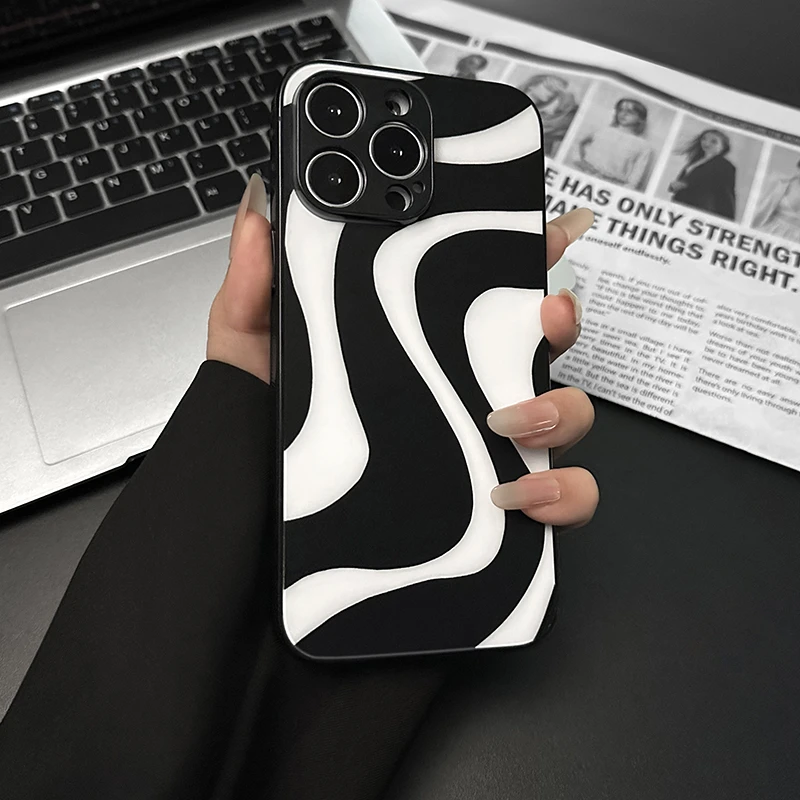 黑白水波纹适用苹果17PRO手机壳16PROMAX简约华为P70高级珠链手绳