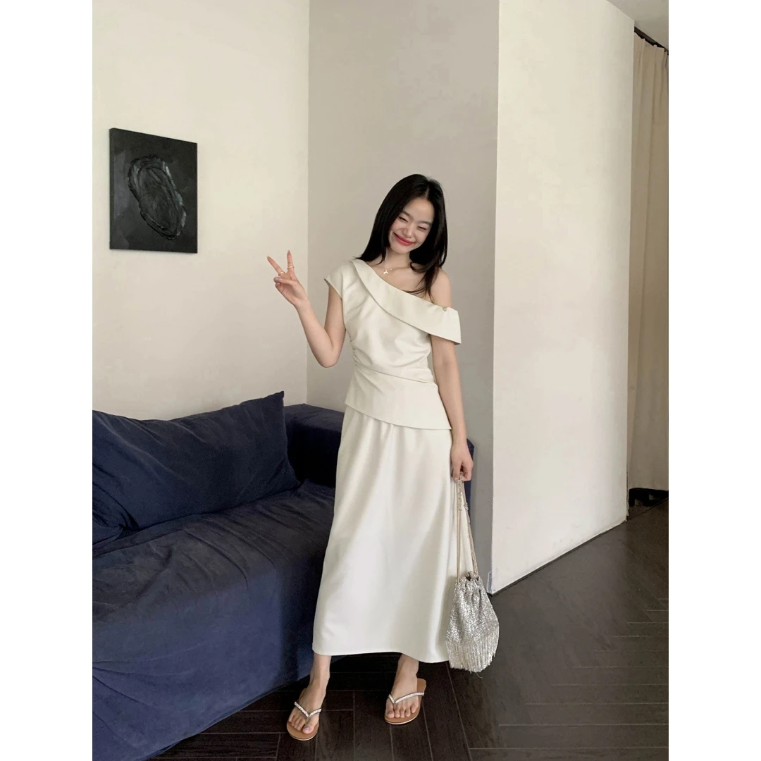 法式优雅斜翻领收褶上衣半裙套装女气质高级感显瘦两件套