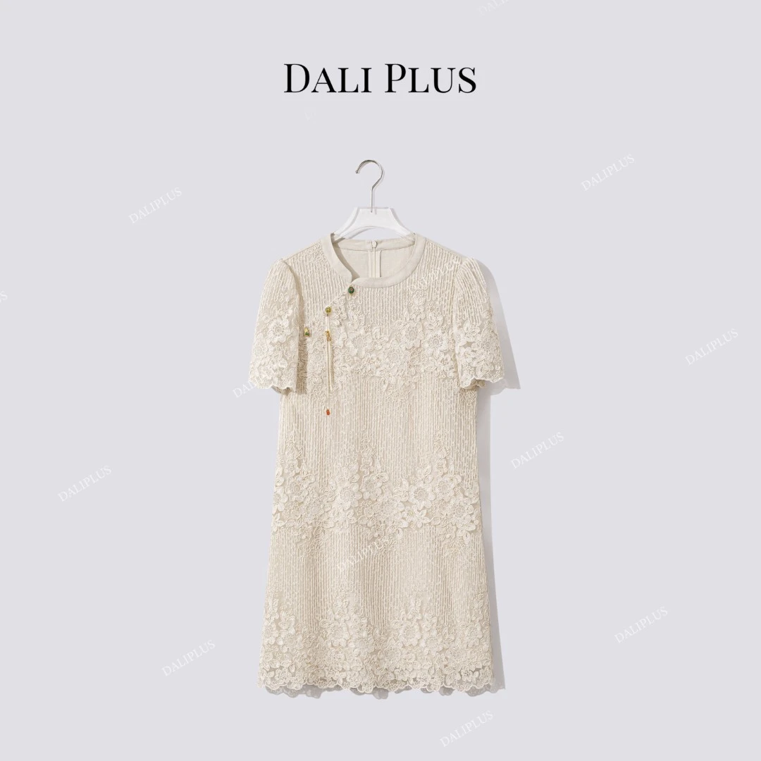DALI PLUS“高定系列”满分桑蚕丝亚麻棉新中式蕾丝连衣裙-D5LT2121