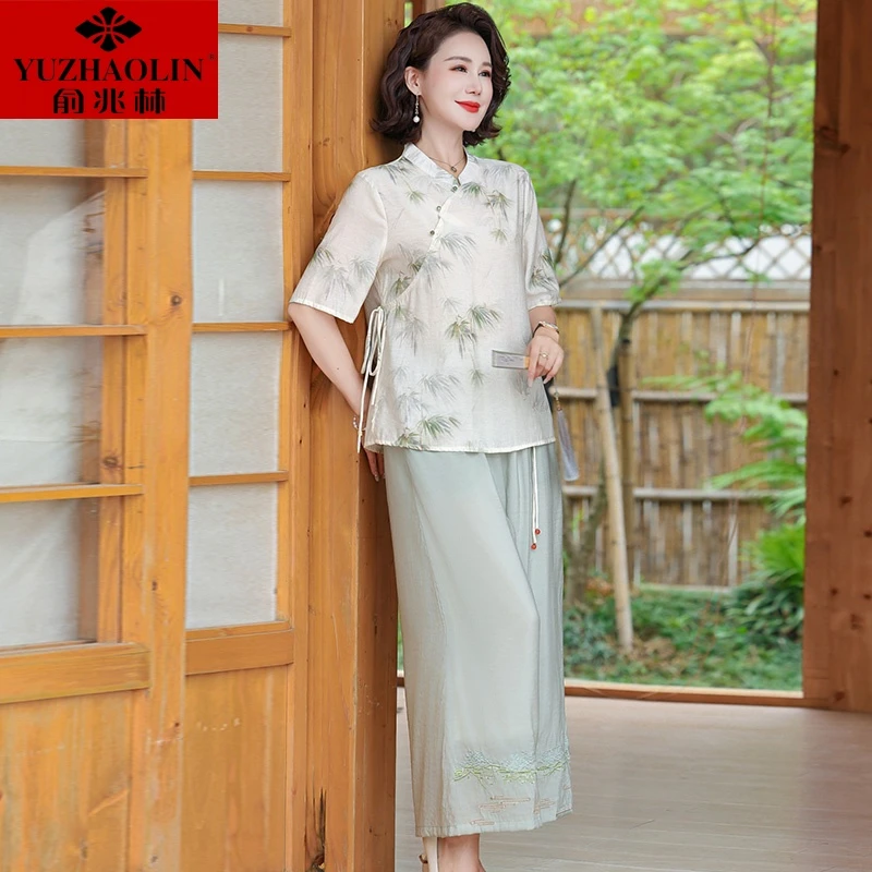 新中式妈妈装夏装套装中老年女装气质雪纺小衫夏季国风短袖上衣服