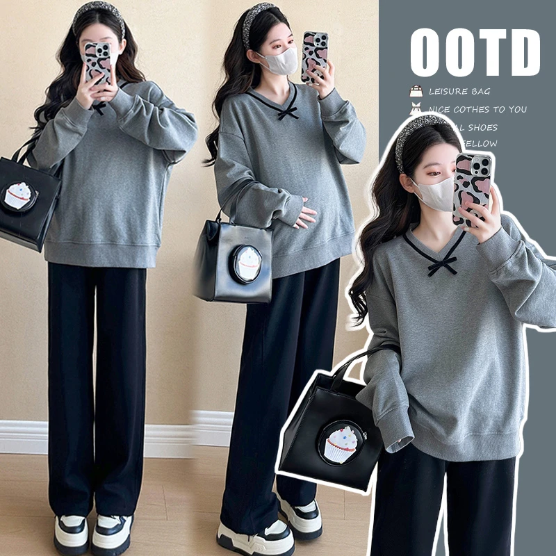 秋季洋气孕妇装女2025新款爆款时尚穿搭V领休闲减龄简约套装秋装