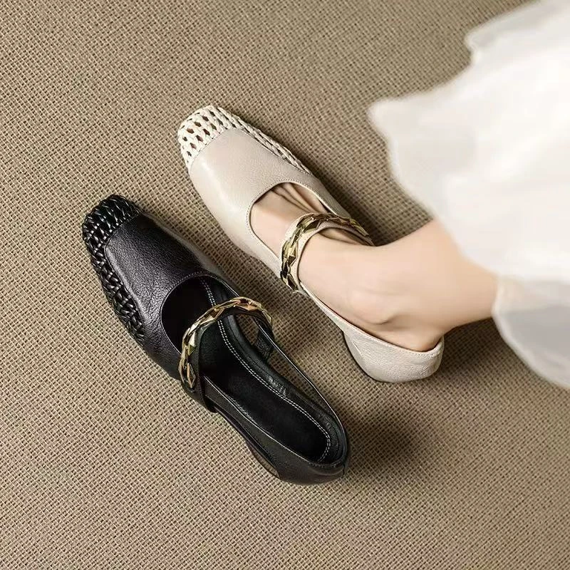 方头镂空编织单鞋女2025夏季新款式时装凉鞋软底气质时尚纯欲风娜