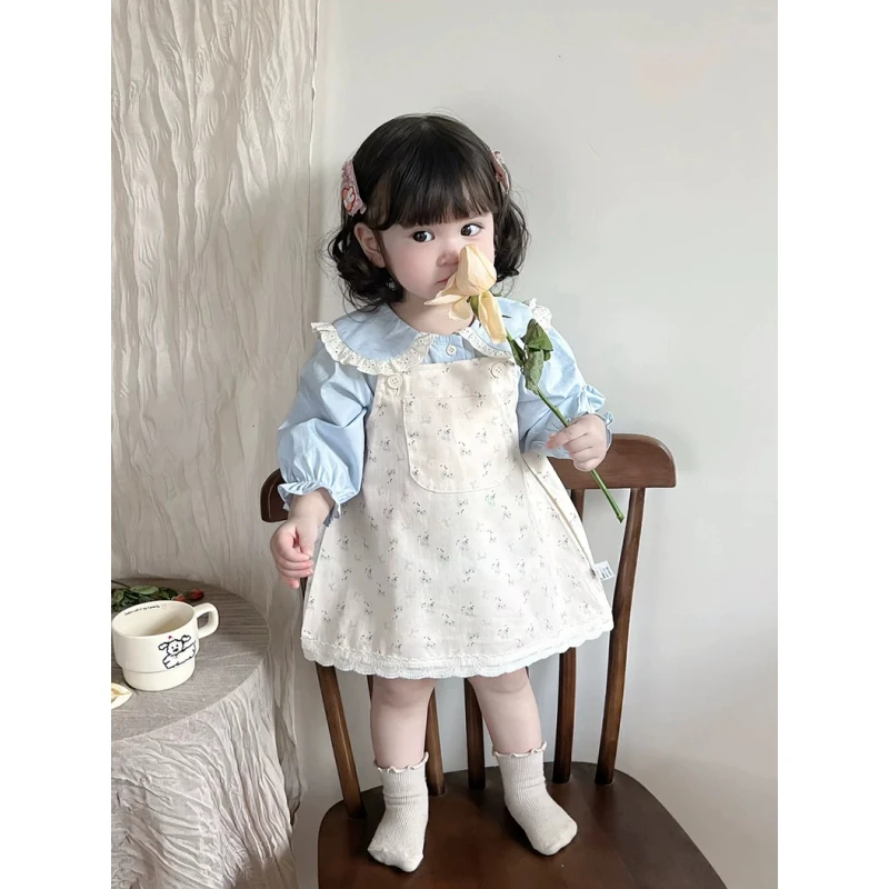 女宝宝春装2025新款女童公主上衣碎花背带裙套装洋气外出服两件套