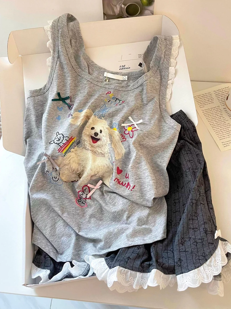韩版可爱小狗印花无袖背心睡衣女夏季少女蕾丝花边短裤家居服套装