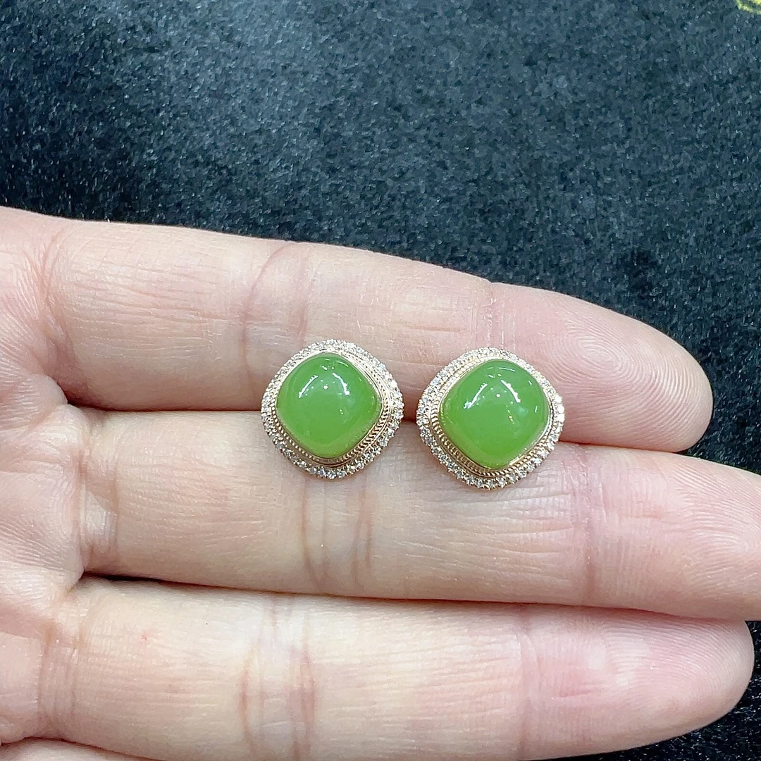 【鹿鸣】18k金和田玉正方形耳饰 D45