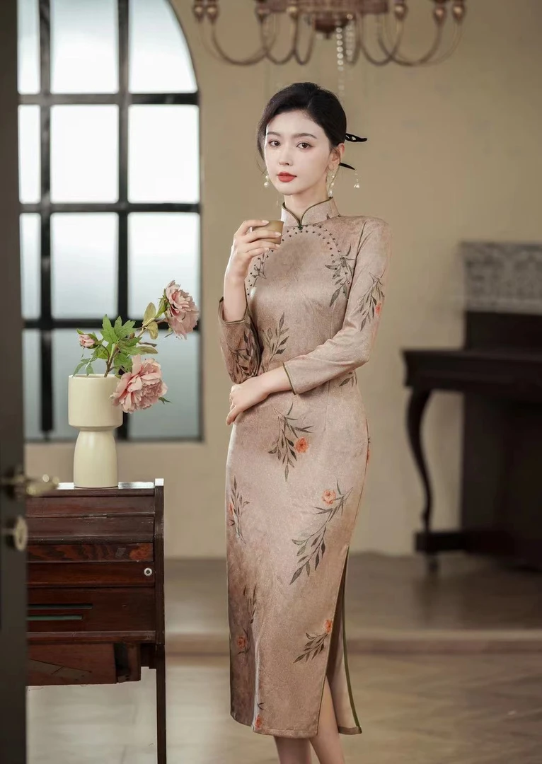 苏州高端【柳丝】裙长120CM日常印花新中式长袖优雅旗袍气质修身