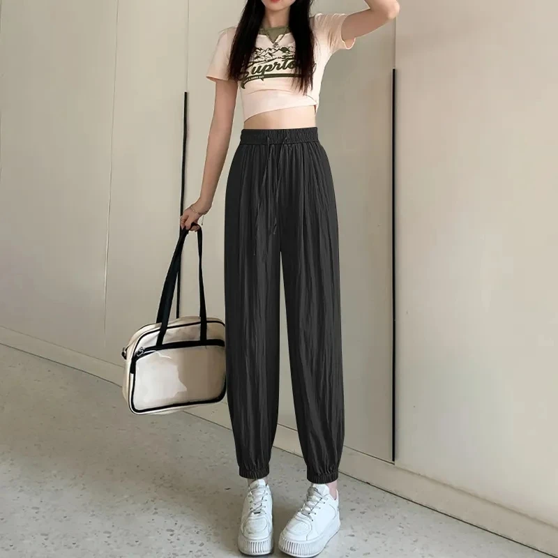 百搭薄裤女高腰显瘦哈伦裤宽松小个子网红九分薄款束脚垂感裤