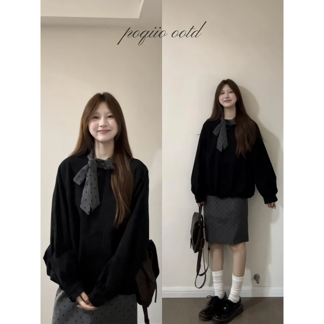 早秋韩系氛围感穿搭一整套黑色蝴蝶结上衣波点裙子套装女2025新款
