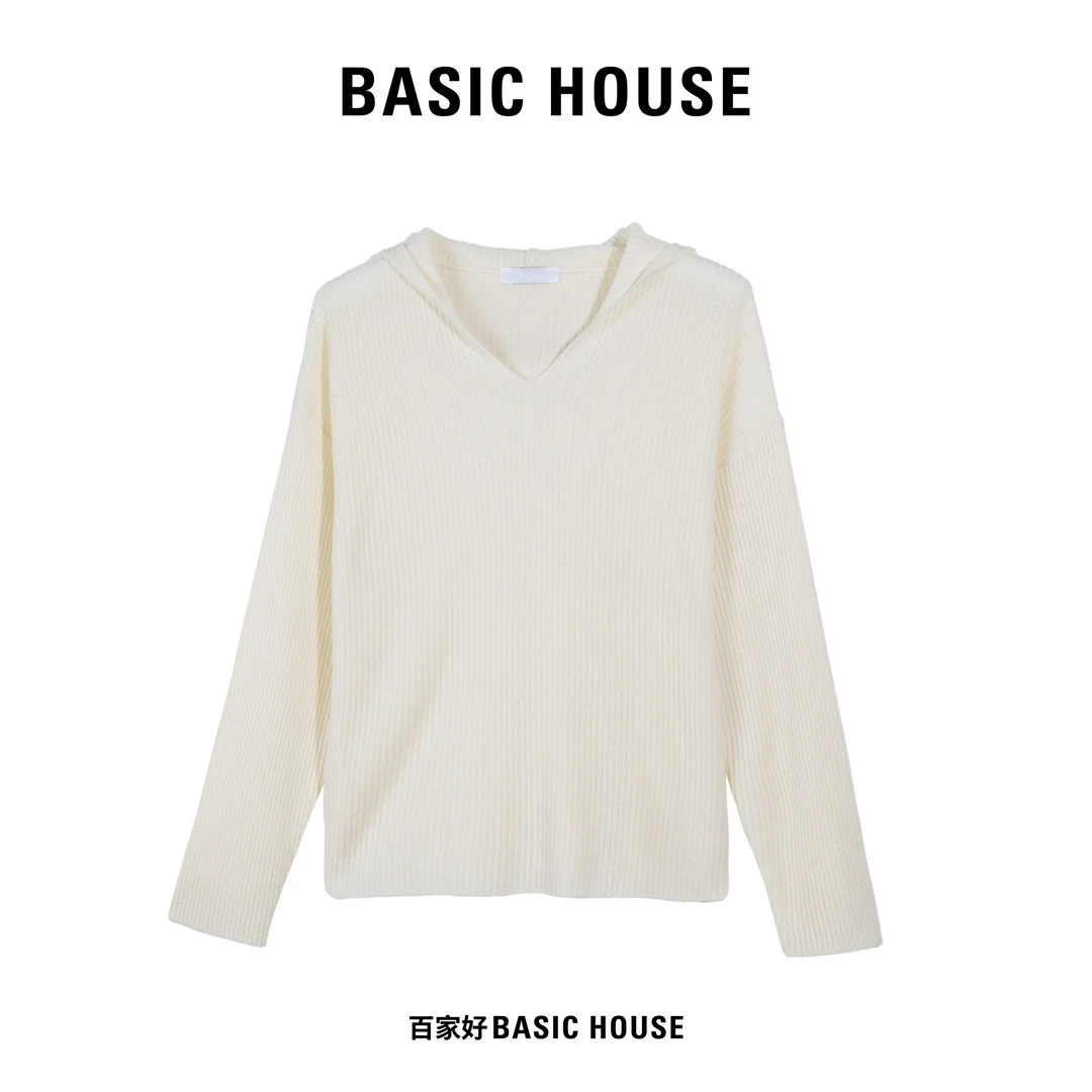 Basic House/百家好25年秋季长袖V领竖条纹连帽针织衫 6472 SU