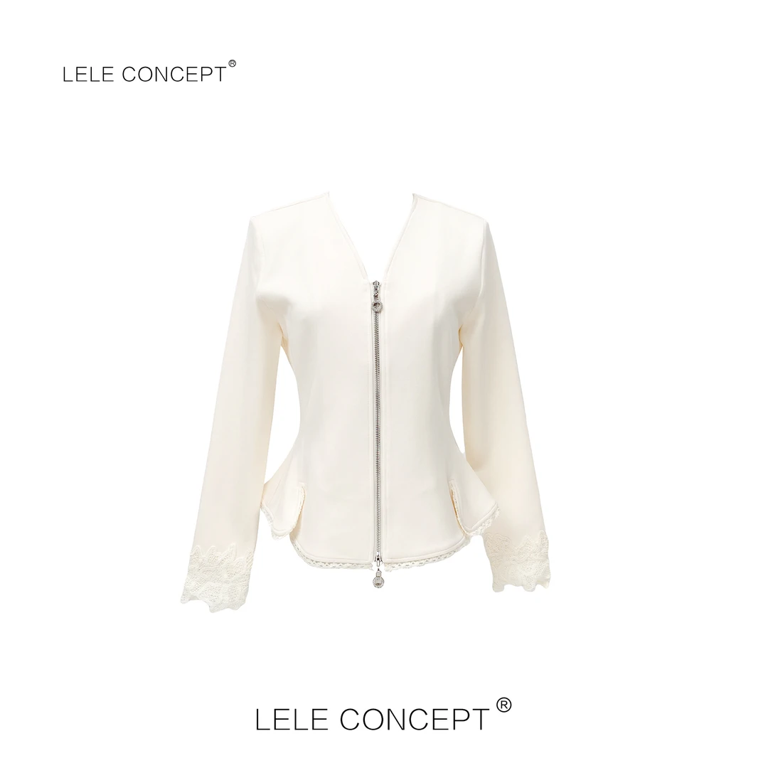 LELE CONCEPT｜【如一】拉链款袖口蕾丝上衣收腰显瘦气质S0879