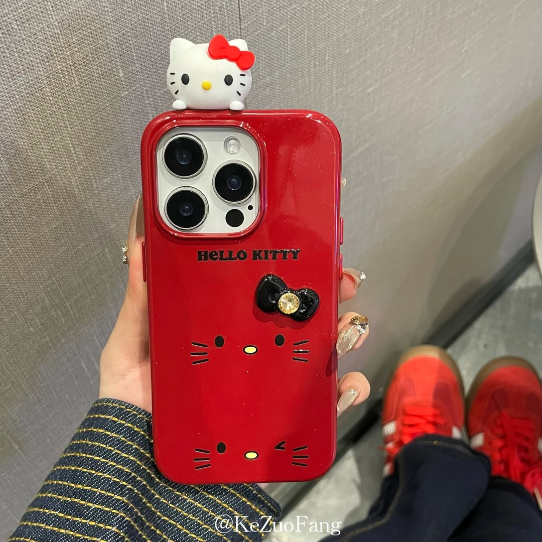 卡通红色KT猫咪立体手机壳适用iPhone16Promax苹果15少女心14/13