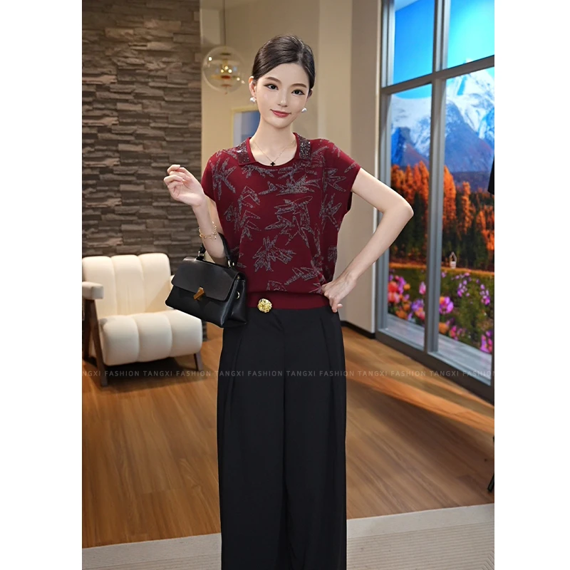 2025夏新款【7558】莱赛尔轻奢国风竹叶中式圆领烫钻短袖针织上衣女