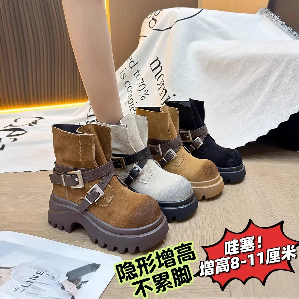 隐形增高皮带扣马丁靴短靴女2025秋季新款时尚百搭明星同款工装靴