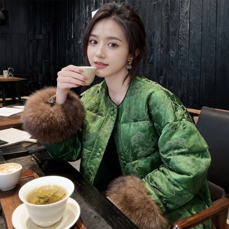 松间絮语！复古绿色新中式羽绒服女90白鹅绒服圆领外套冬暖不臃肿