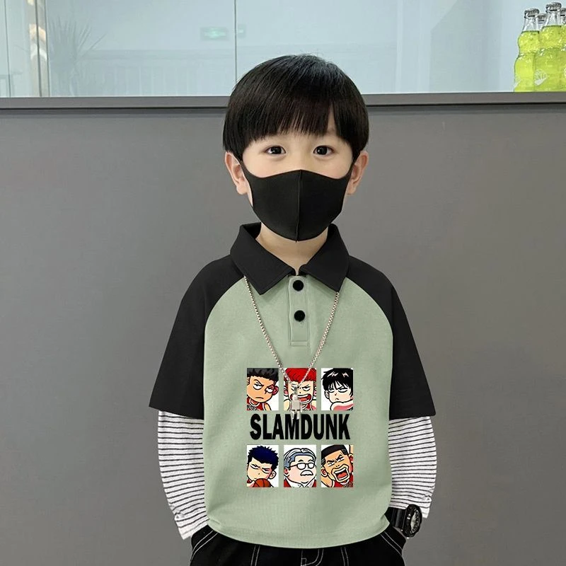 卡通动漫男女通用短袖POLO衫童装春秋季翻领撞色假两件韩版打底衫