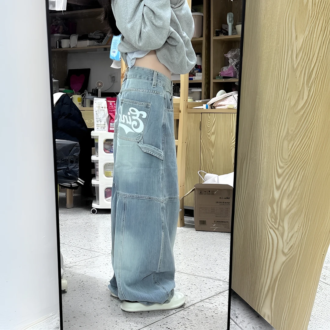 国潮高街复古弯刀牛仔裤女夏季字母印花宽松慵懒感美式阔腿工装裤