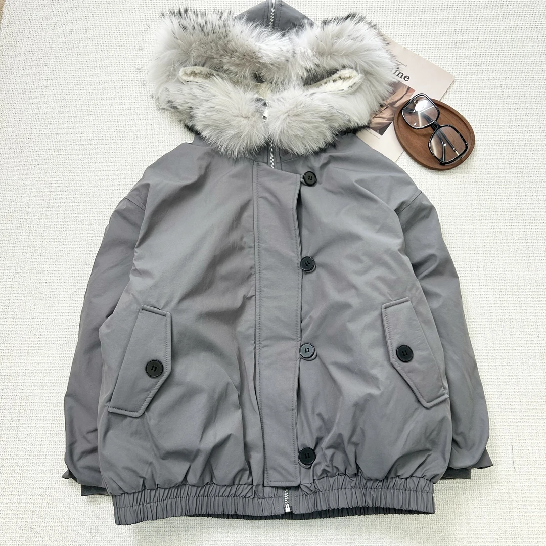 【叶子服饰】冬季新款时尚大毛领扣连帽简约百搭派克羽绒服8859