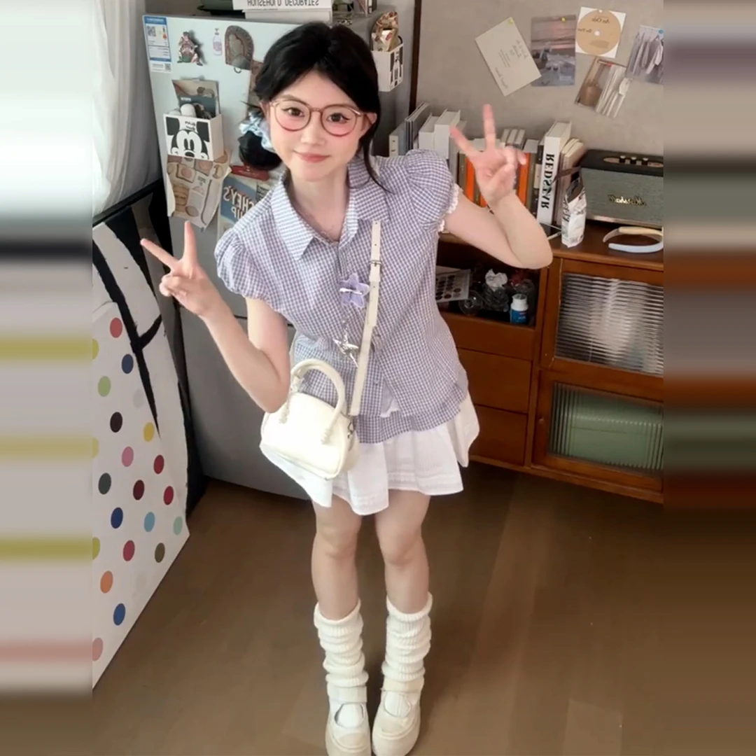 2025新款紫色泡泡袖格纹衬衫连衣裙子女夏季海边度假穿搭短裙套装