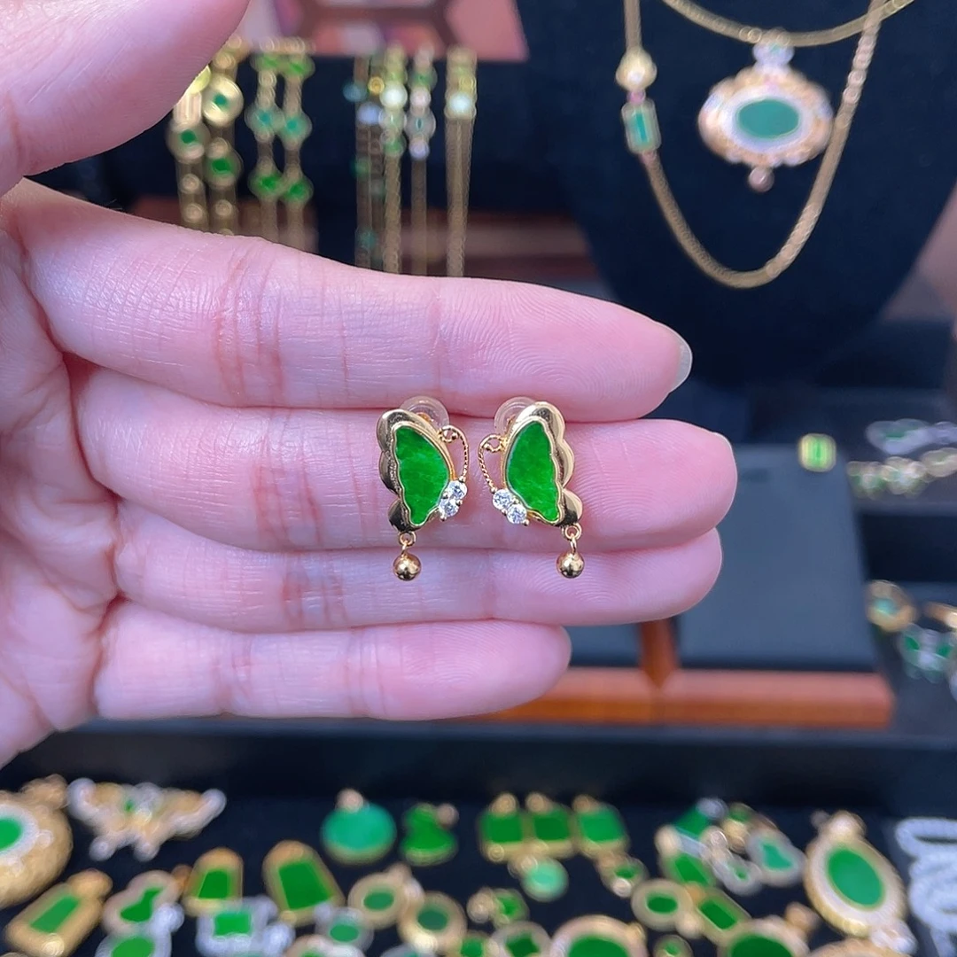 翡翠银S925镀金镶嵌耳饰