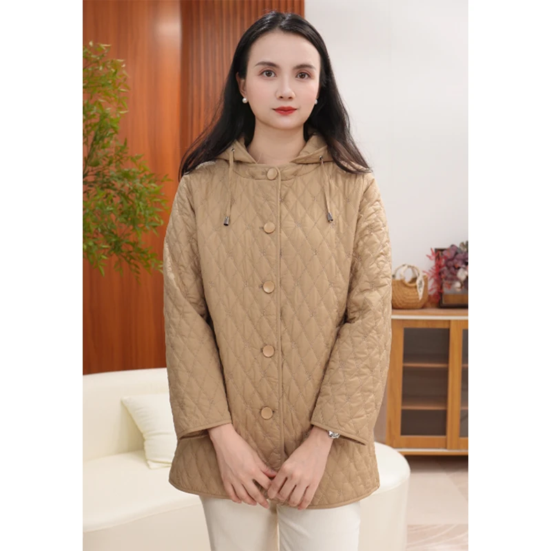 妈妈装中长气质夹棉外套休闲女士连帽长袖中老年女装保暖秋冬宽松