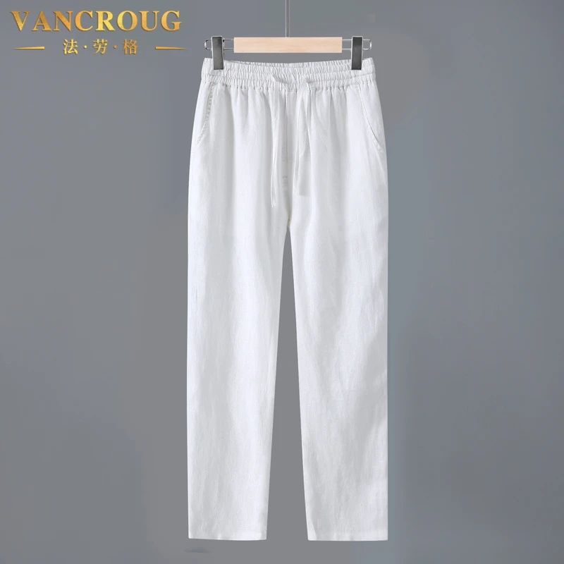 VANCROUG/法劳格休闲裤男士夏季纯色松紧系带纯亚麻透气舒适裤子