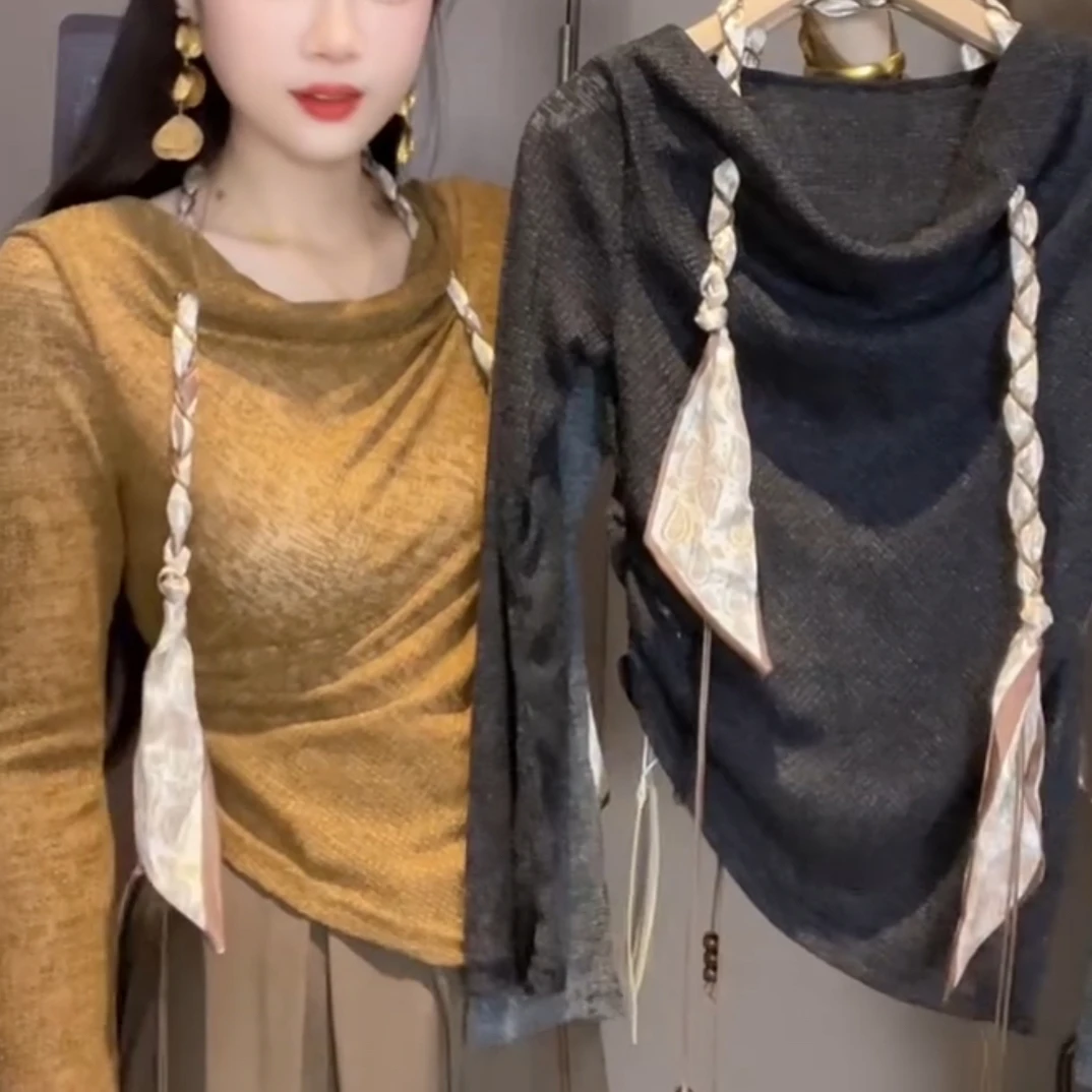 不规则丝巾流苏长袖打底衫女秋季新款洋气上衣T恤