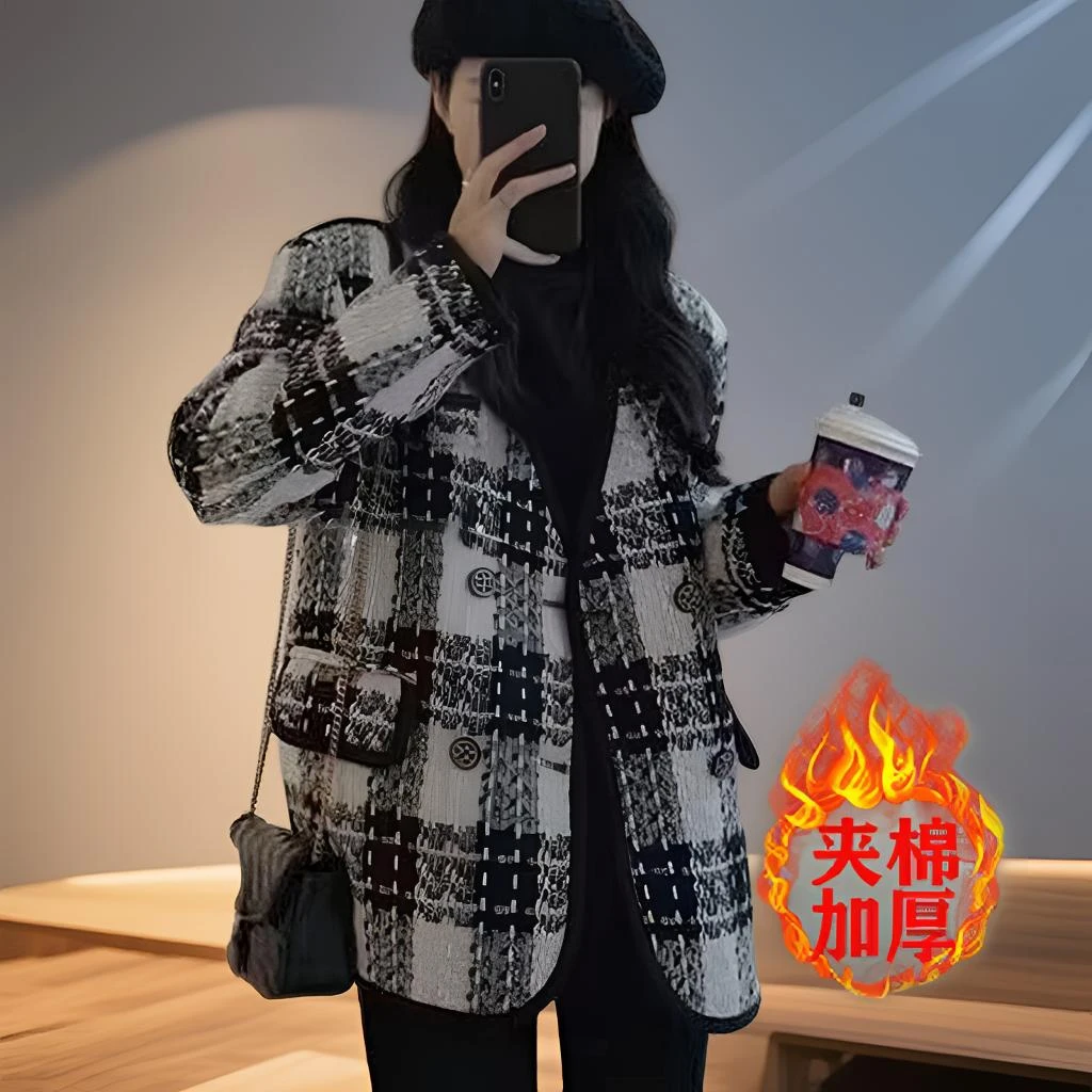 格子女款小香风中长款女外套加厚秋冬夹棉新款大衣女装毛呢西装