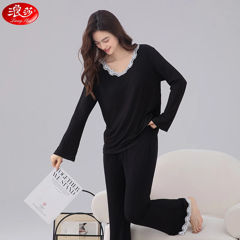 浪莎带胸垫一体睡衣女春秋季莫代尔长袖女士秋季可外穿家居服套装