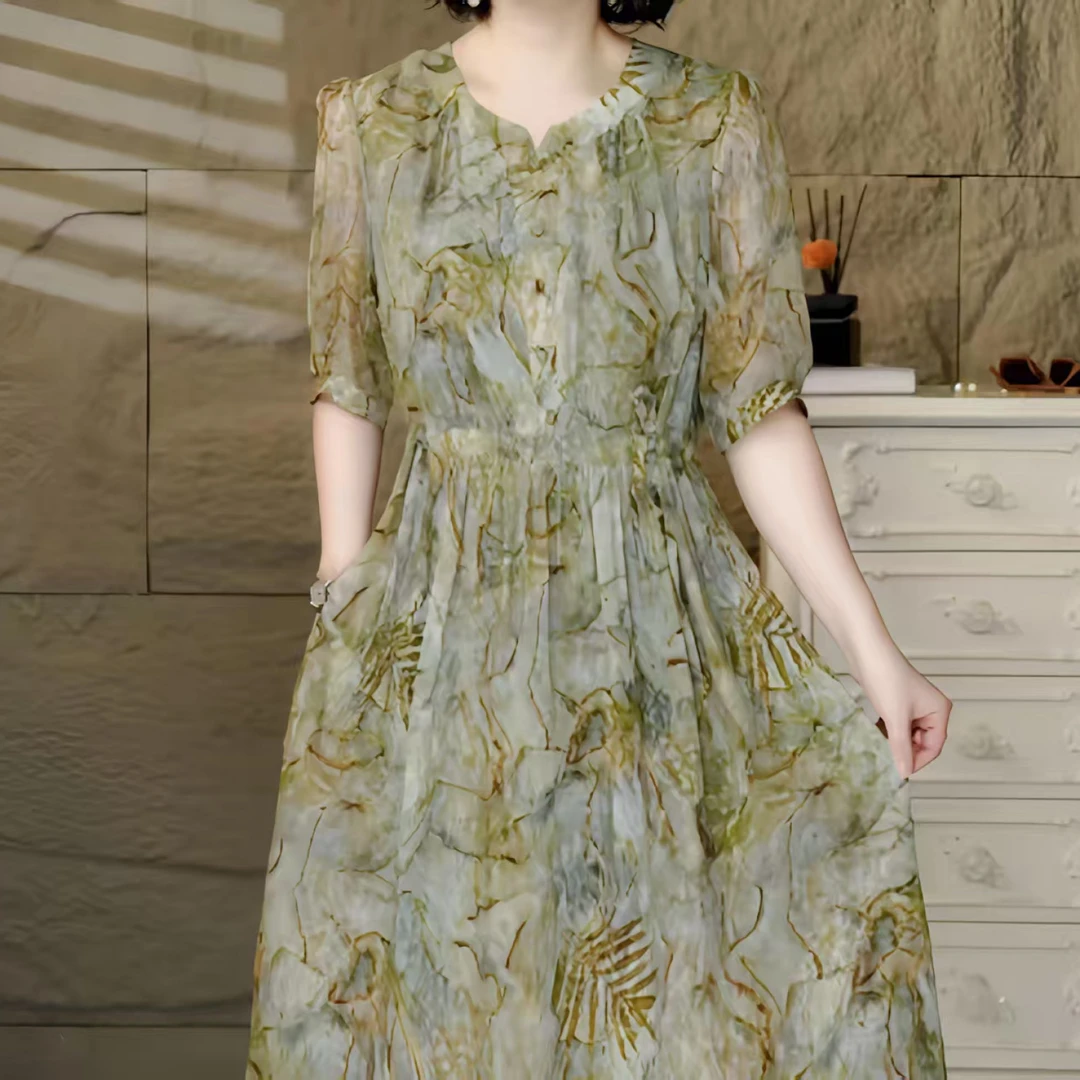 10206-连衣裙花朵H型裙A字裙春季不褪色短袖常规夏季系带【依】