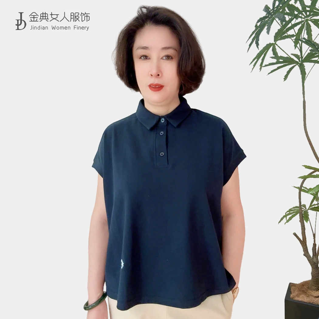 休闲简约翻领三粒扣宽松短袖T恤  中年妈妈夏季时尚百搭上衣8067