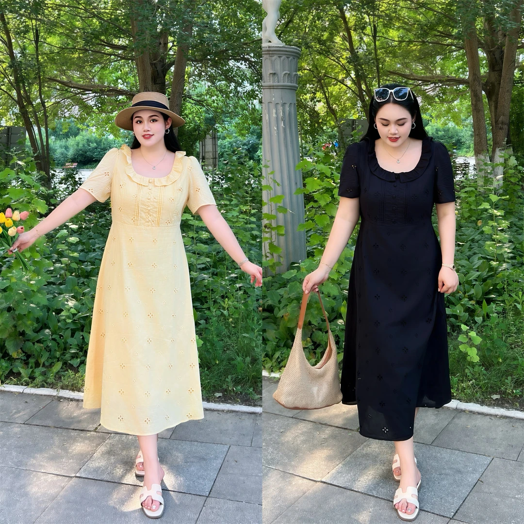 虚焦心跳 /田园风镂空刺绣连衣裙15366花契大码200斤胖mm简约洋气