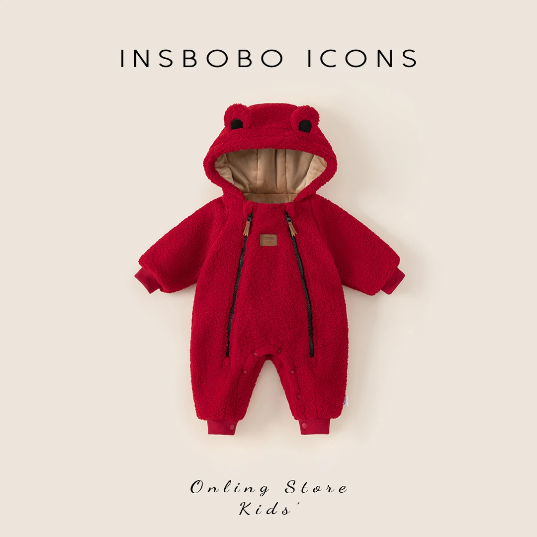 INSbobo儿童拜年服连体爬服冬季纯色皮标毛绒双拉链爬服潮DY15059