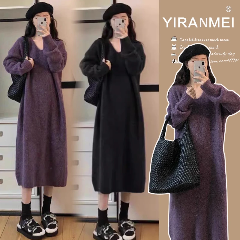 孕妇装秋冬时尚v领针织连衣裙高级感温柔风打底毛衣长裙子潮宽松