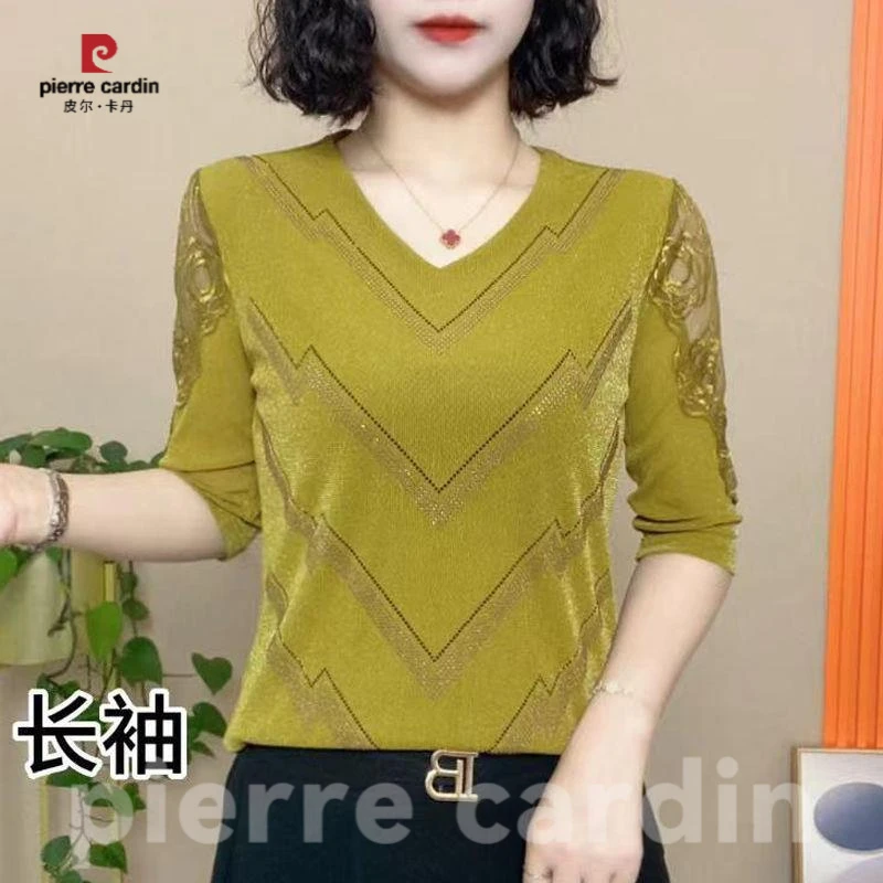皮尔卡丹高档春秋高级感V领烫钻打底衫新款女时尚气质百搭显瘦长