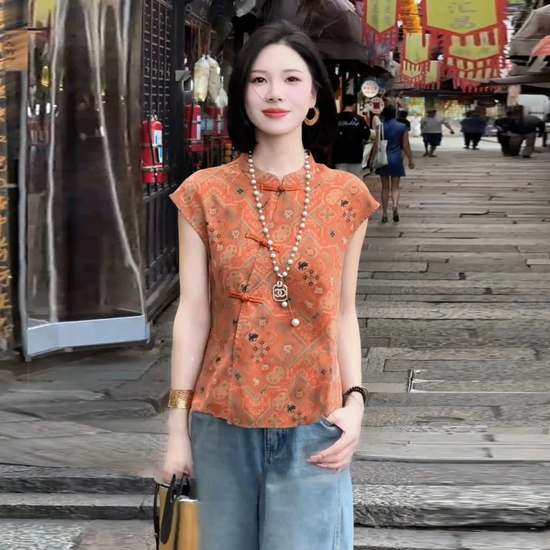 新中式国风衬衫女士夏季新款洋气复古盘扣上衣小个子斜襟无袖小衫