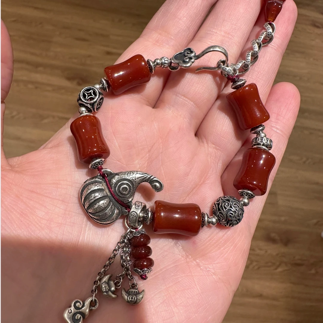 S10032<非晚>s925银玛瑙竹节葫芦镂空骰子元宝流苏如意手链