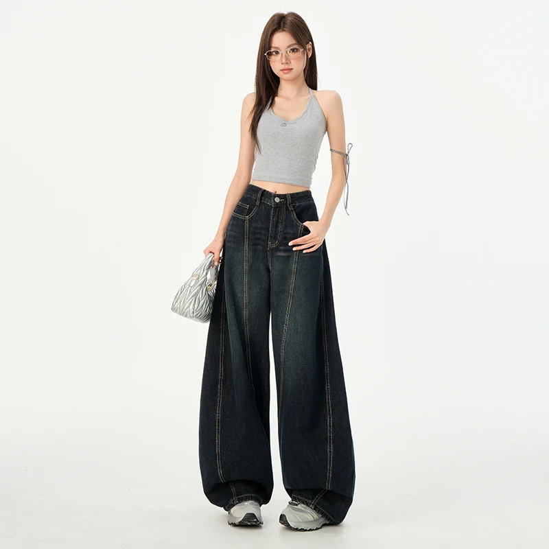 陆笙好美式复古宽松百搭弯刀七分牛仔裤女夏季高街阔腿牛仔裤